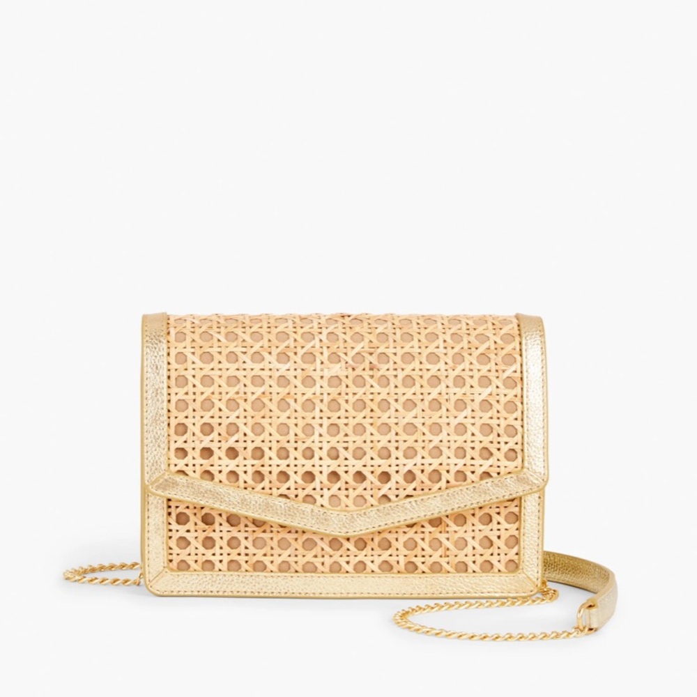 Talbots metallic trim rattan clutch with crossbody strap NWT